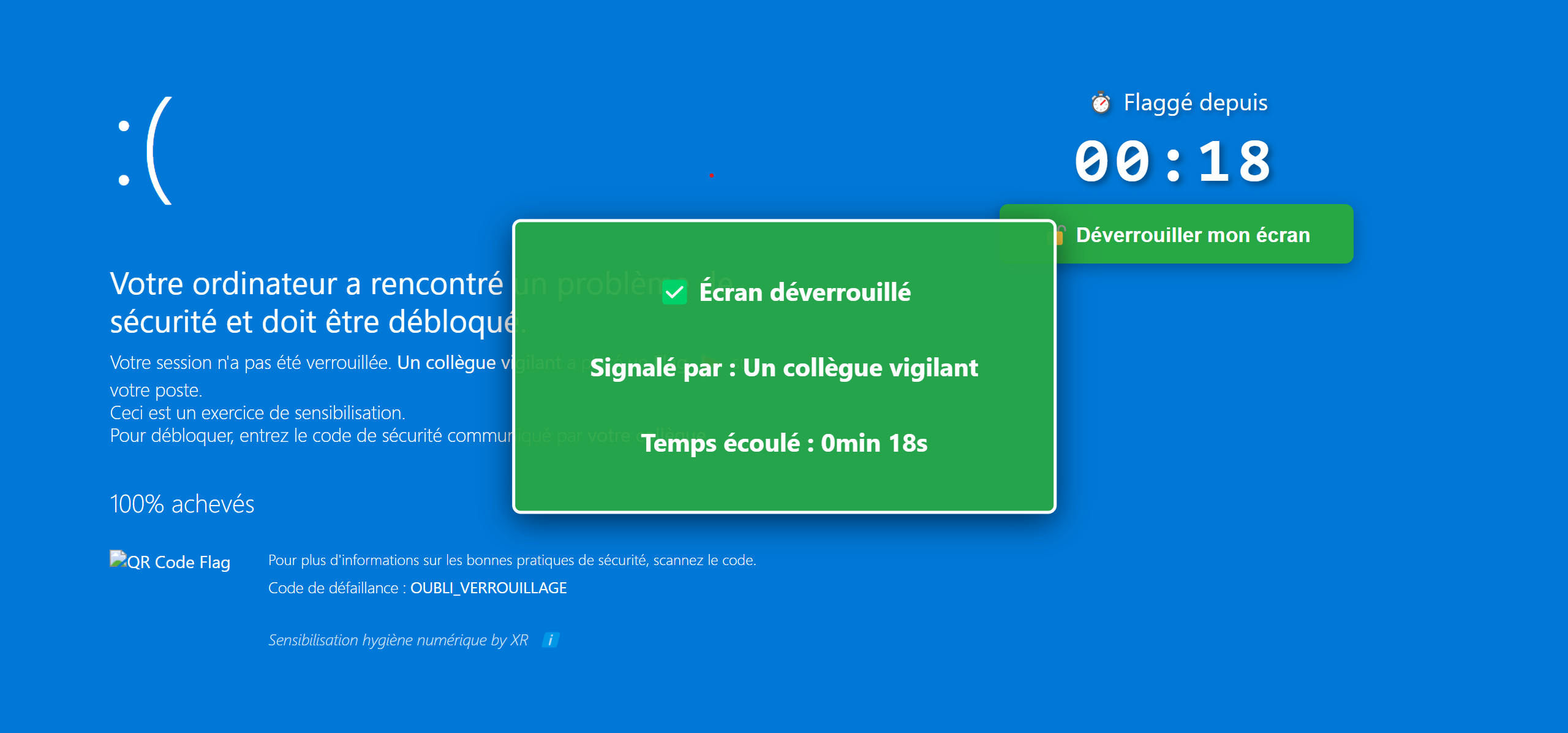 Message de succès après déblocage